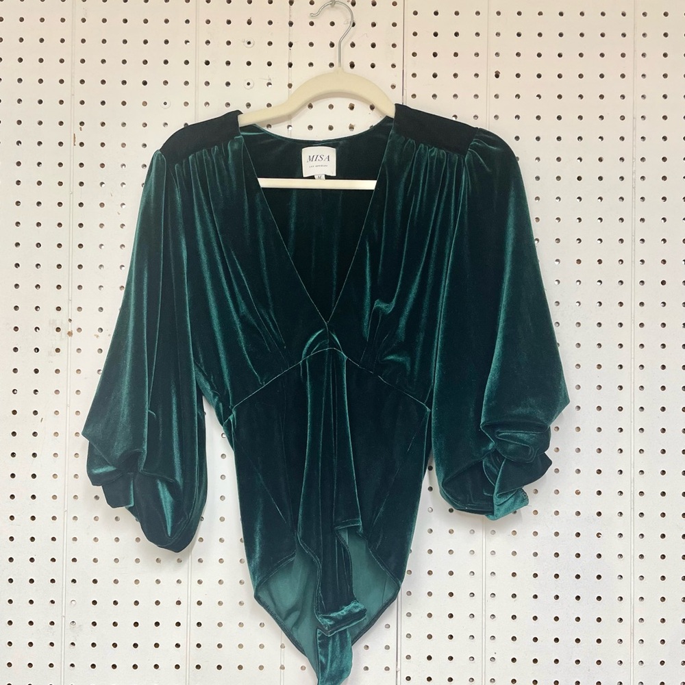 Misa Los Angles Velvet Green Puff Sleeve Plunge Bodysuit